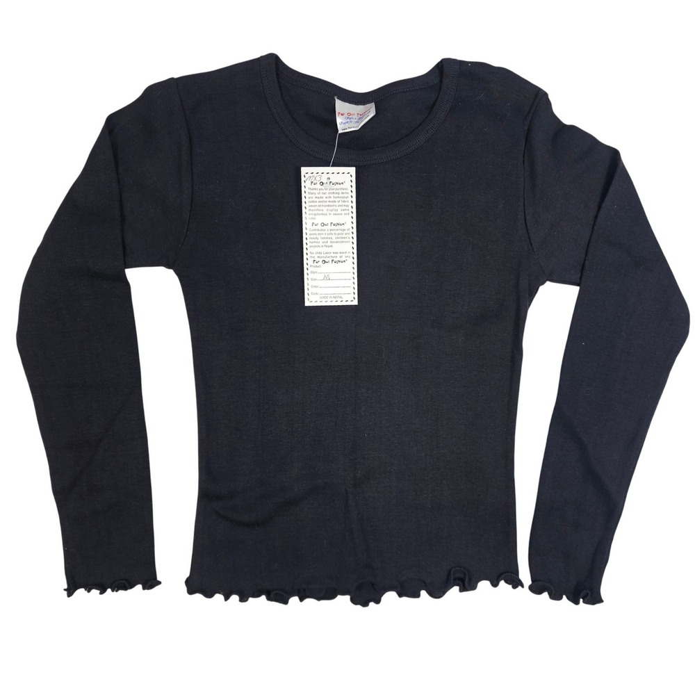 Far Out Fashion Womens Black Ribbed Long Sleeve Lettuce HemCotton Top Size M NWT